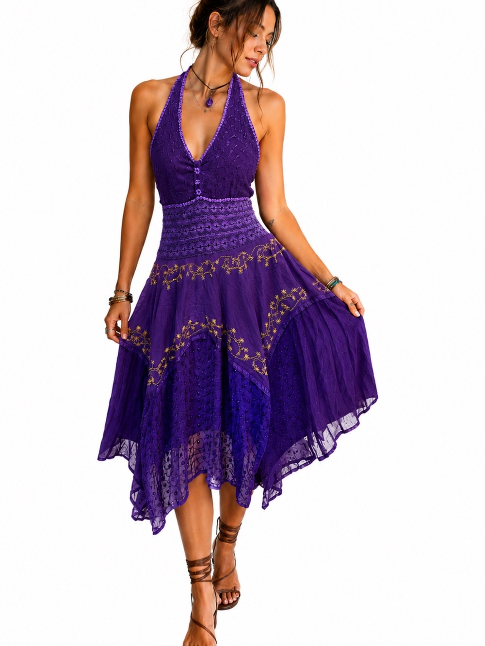 Boho Fairycore Purple Embroidered Halter Handkerchief Dress